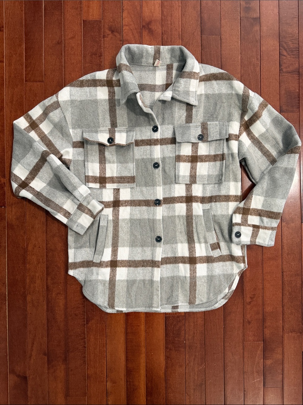 Beaully Plaid Button-Up Shacket in Cream, Gray & Brown Size Small